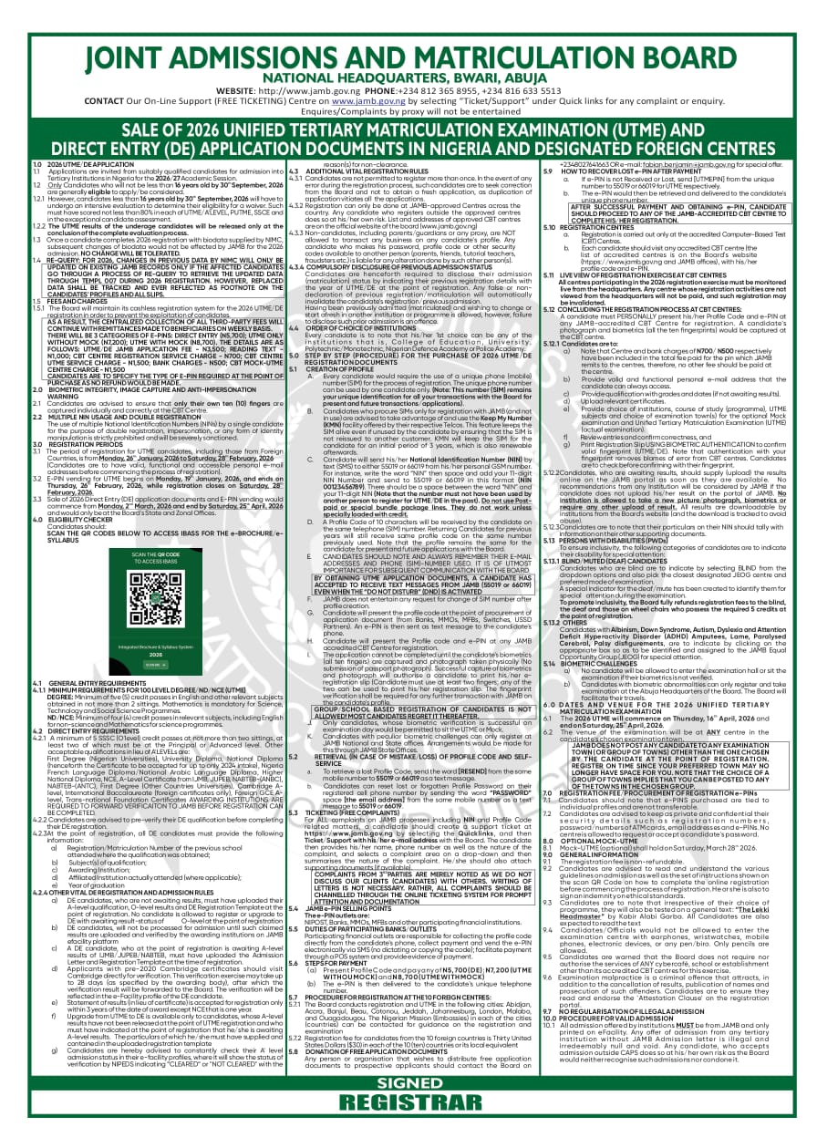 Breaking News! JAMB Sets New Date to Begin sales of 2026 UTME, DE, sets registration, exam dates 1 IMG 20260113 WA0021
