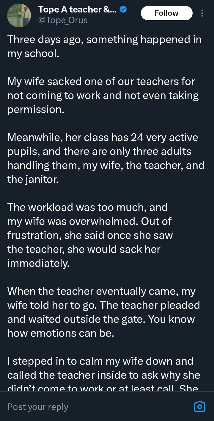 “We need to…” — School proprietor reveals what he discovered after his wife sacked a teacher 1 A school proprietor has shared an emotional account of how a moment of anger almost cost a teacher her job, before compassion changed the outcome.