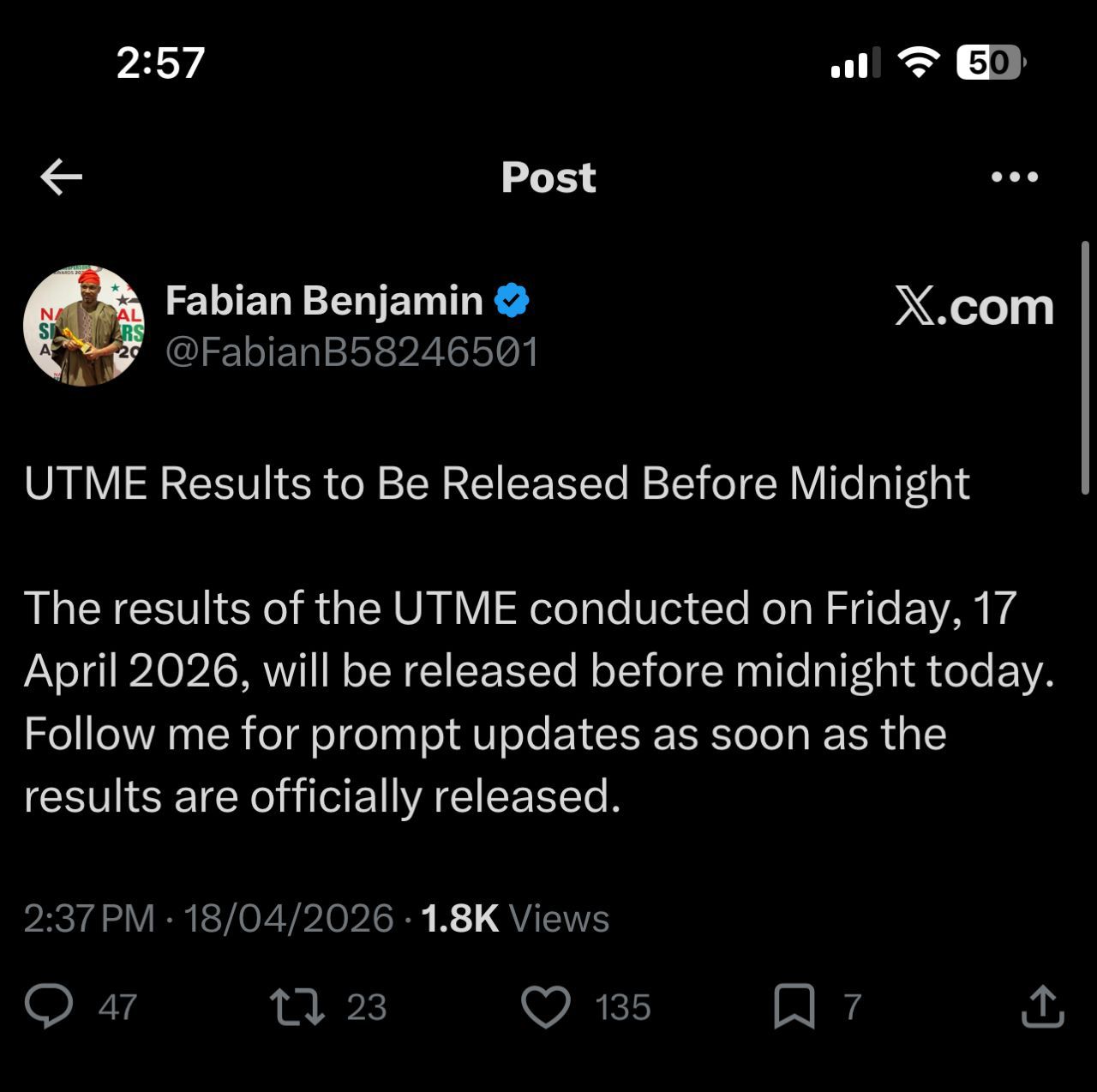 JAMB UTME 2026 Results Release: Is JAMB Result Out? How to Check JAMB Result 2026, UTME Result Checker & Latest JAMB News Today 1 🚨 BREAKING: JAMB Set to Release April 17 UTME Results Before MidnightAccording to Fabian Benjamin, spokesperson of the Joint Admissions and Matriculation Board, candidates who wrote the UTME on April 17, 2026 may have their results released before midnight.
This comes shortly after the board released results for April 16 candidates, confirming that the JAMB UTME 2026 result release is ongoing in batches.
However, as of now, candidates are advised to:
Continue checking using UTMERESULT via SMS
Wait for official confirmation once results go live