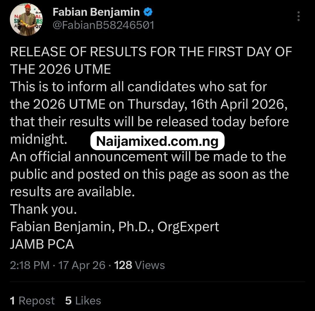 JAMB to release 2026 results for Day 1 1 JAMB to release 2026 results for Day 1