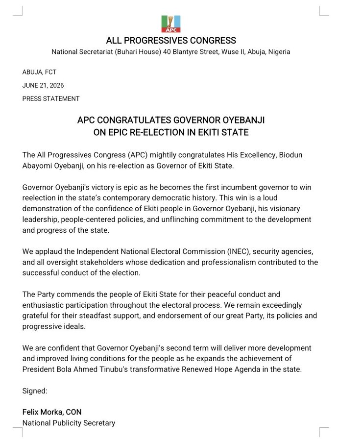 APC Congratulates Gov Oyebanji on epic re-election in Ekiti state 1 20260621 121402