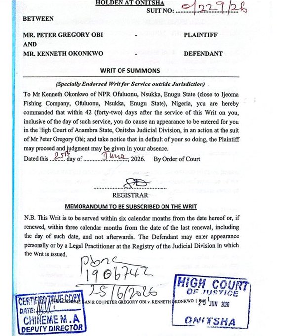 Peter Obi has filed an ₦8 billion defamation lawsuit against Kenneth Okonkwo 1 HLuvquJWUAADH6Y