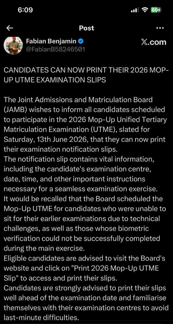 JAMB Announces Final 2026 UTME Mop-Up, Opens Slip Printing Portal 1 JAMB mop up news updates