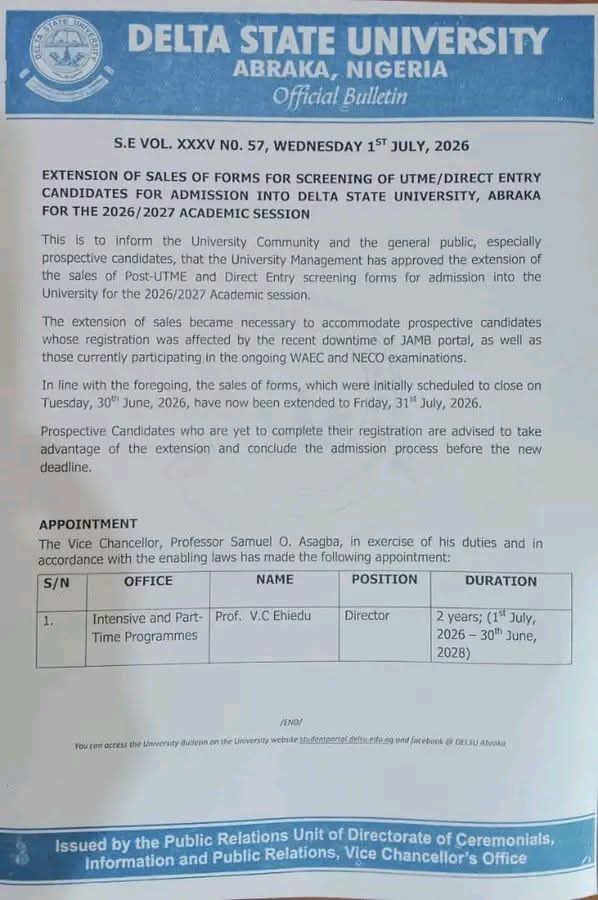 Delsu Extends Post-Utme for 2026/27 Session till 31st July 1 FB IMG 1783144322503