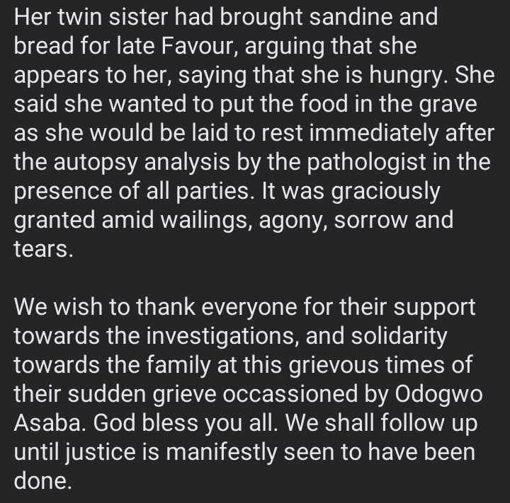 Odogwu Asaba: “She is hungry”- Late Favour’s twin explains why she brought bread, sardine to her grave 2 Screenshot 20260729 131023