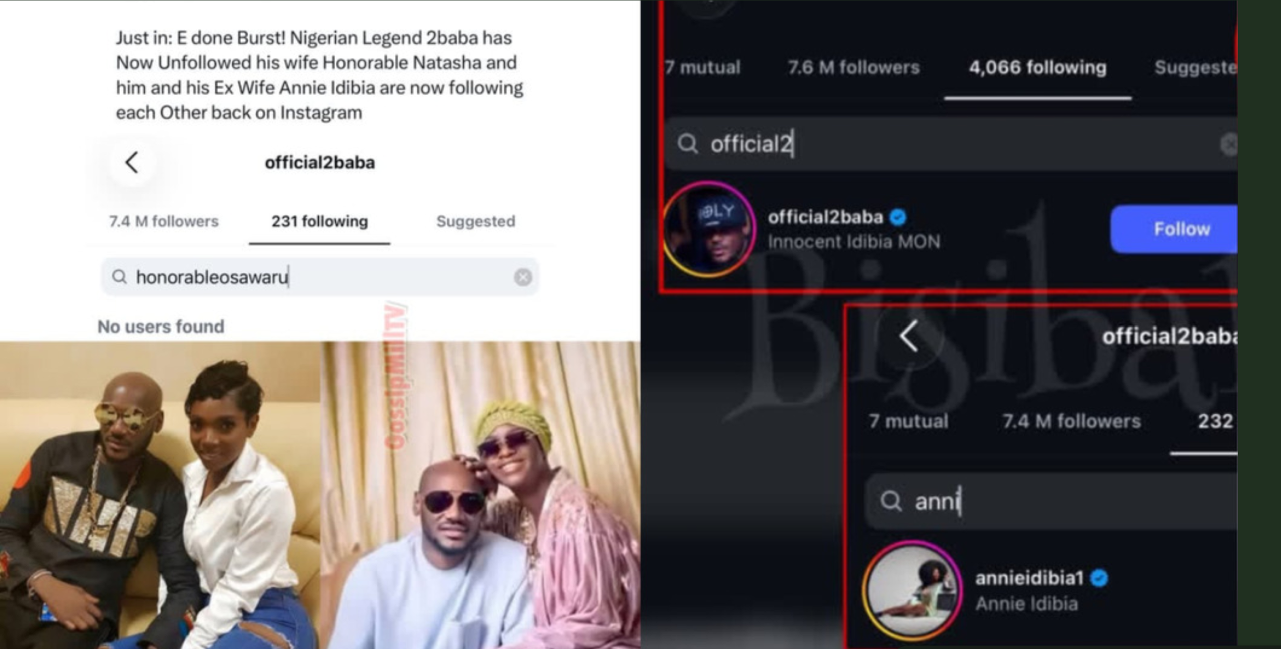 2Baba Unfollows Natasha After Abuja Club Drama, Reportedly Follows Annie Again 1 2Baba Unfollows Natasha After Abuja Club Drama, Reportedly Follows Annie Again