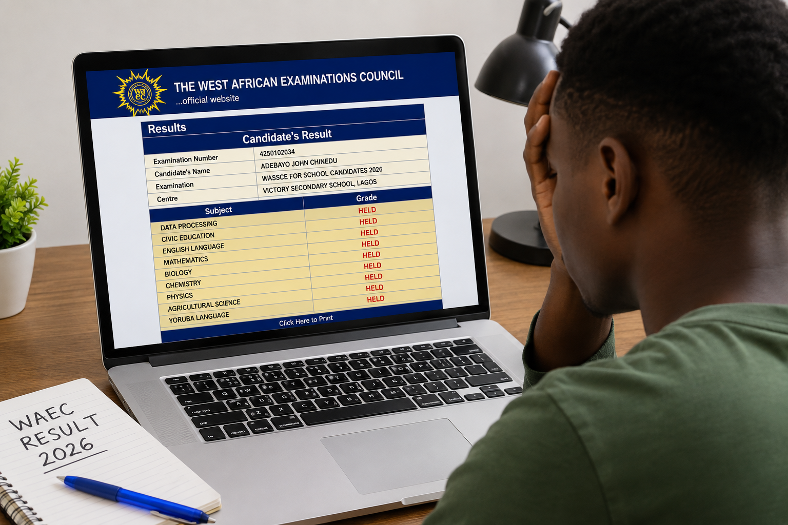 What to Do When You See "HELD" on Your 2026 WAEC Result (Complete Guide) 1 "Student checking 2026 WAEC result showing HELD on screen."